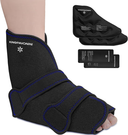 KingPavonini Ankle Foot Ice Pack Wrap for Sprained Ankle/Surgery Recovery, Reusable Gel Ice Packs for Feet Injuries, Plantar Fasciitis, Achilles Tendonitis, Hot/Cold Therapy, XL (1 Wrap+4 Gel Packs)