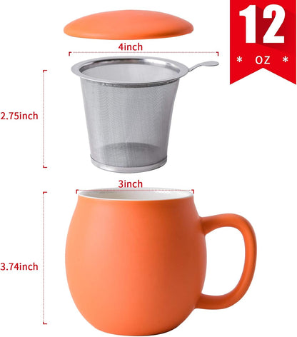 Yundu 12 OZ Matte Green Ceramics Teacup with Infuser and Lid, Mug with Lid for Steeping - Stainless Steel Infuser for Loose Leaf Tea, Home Office Gift for Tea Lovers