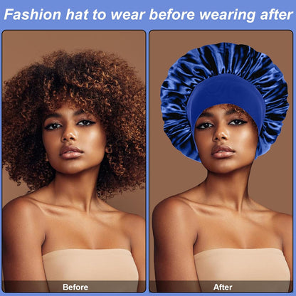 4PCS Silk Satin Bonnets for Black Women & Men - Elastic Wide Band Hair Wrap Cap for Curly Hair - Shower Cap for Sleeping (Black, Peacock Blue, Pink, Khaki)