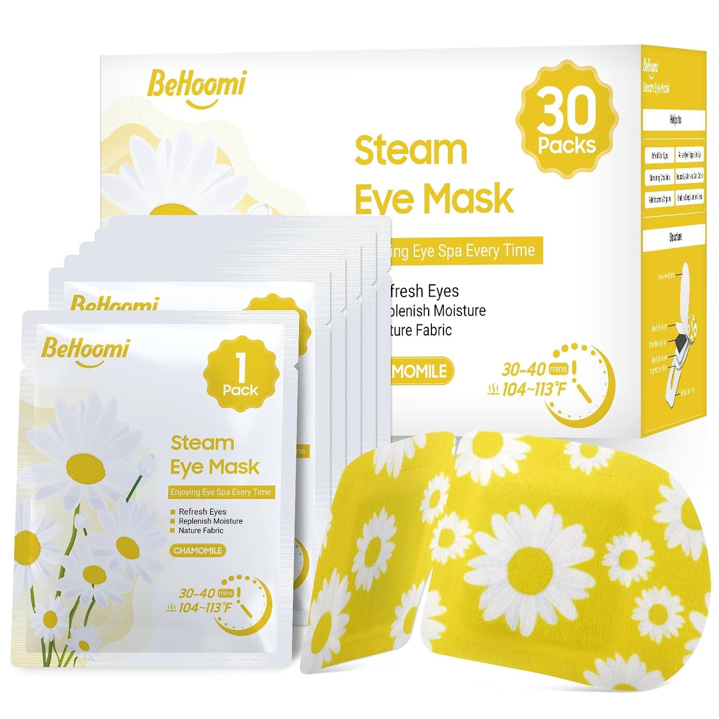 BeHoomi 30Packs Steam Eye Mask, Heated Eye Mask Warm Compress for Eyes, Self Heating Warm Eye Masks Disposable Steam Mask for Home Sleep, Spa, Travel Essentials & Relaxation Gifts (Chamomile)