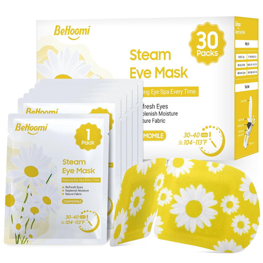 BeHoomi 30Packs Steam Eye Mask, Heated Eye Mask Warm Compress for Eyes, Self Heating Warm Eye Masks Disposable Steam Mask for Home Sleep, Spa, Travel Essentials & Relaxation Gifts (Chamomile)