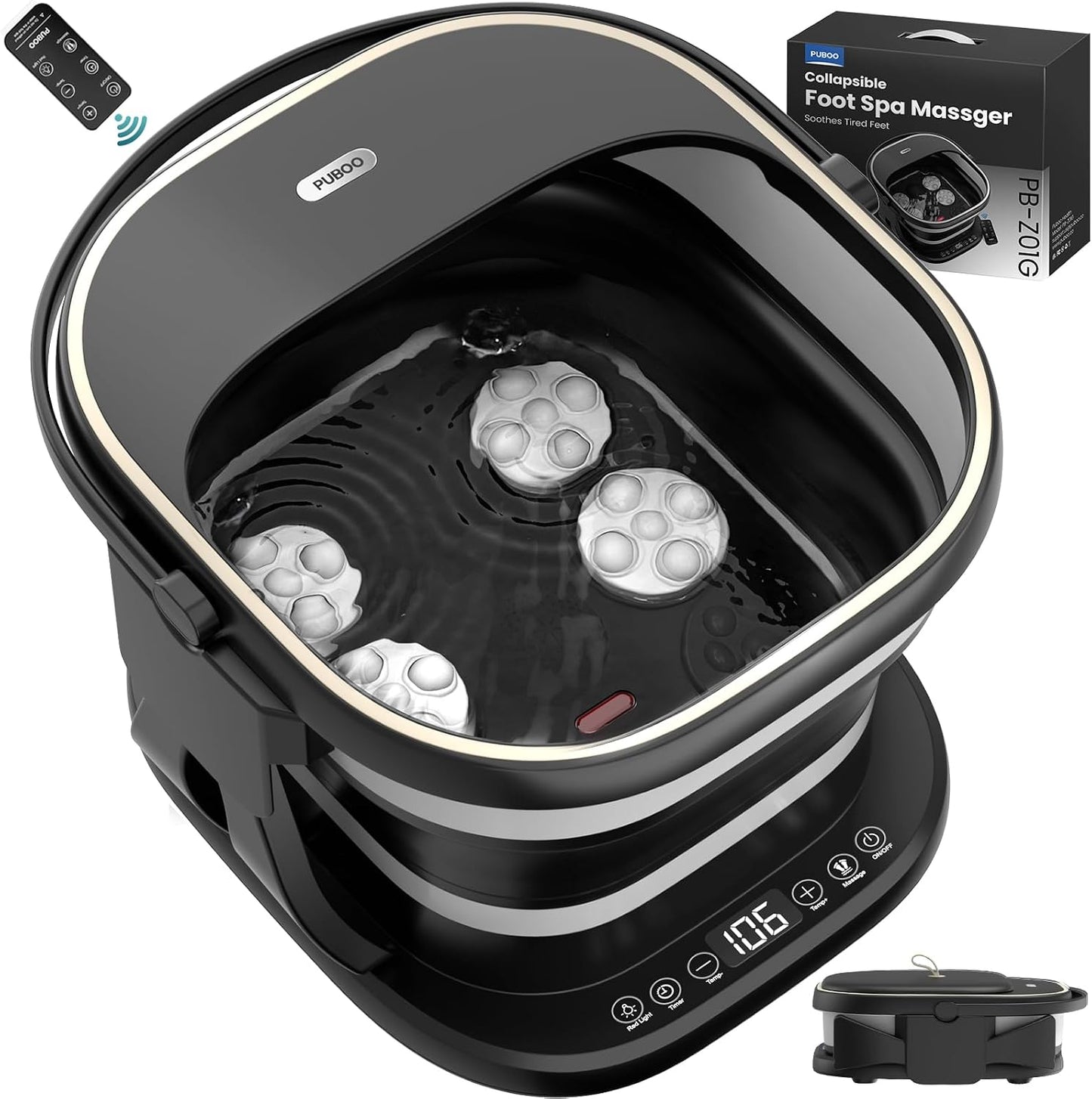 Puboo Collapsible Foot Spa Bath Massager with Heat, 95-115°F Precise Temp Control, Motorized Massage Rollers, Heated Foot Bath Soak Tub, Fits up to US Men’s Size 11 / Women’s Size 12.5