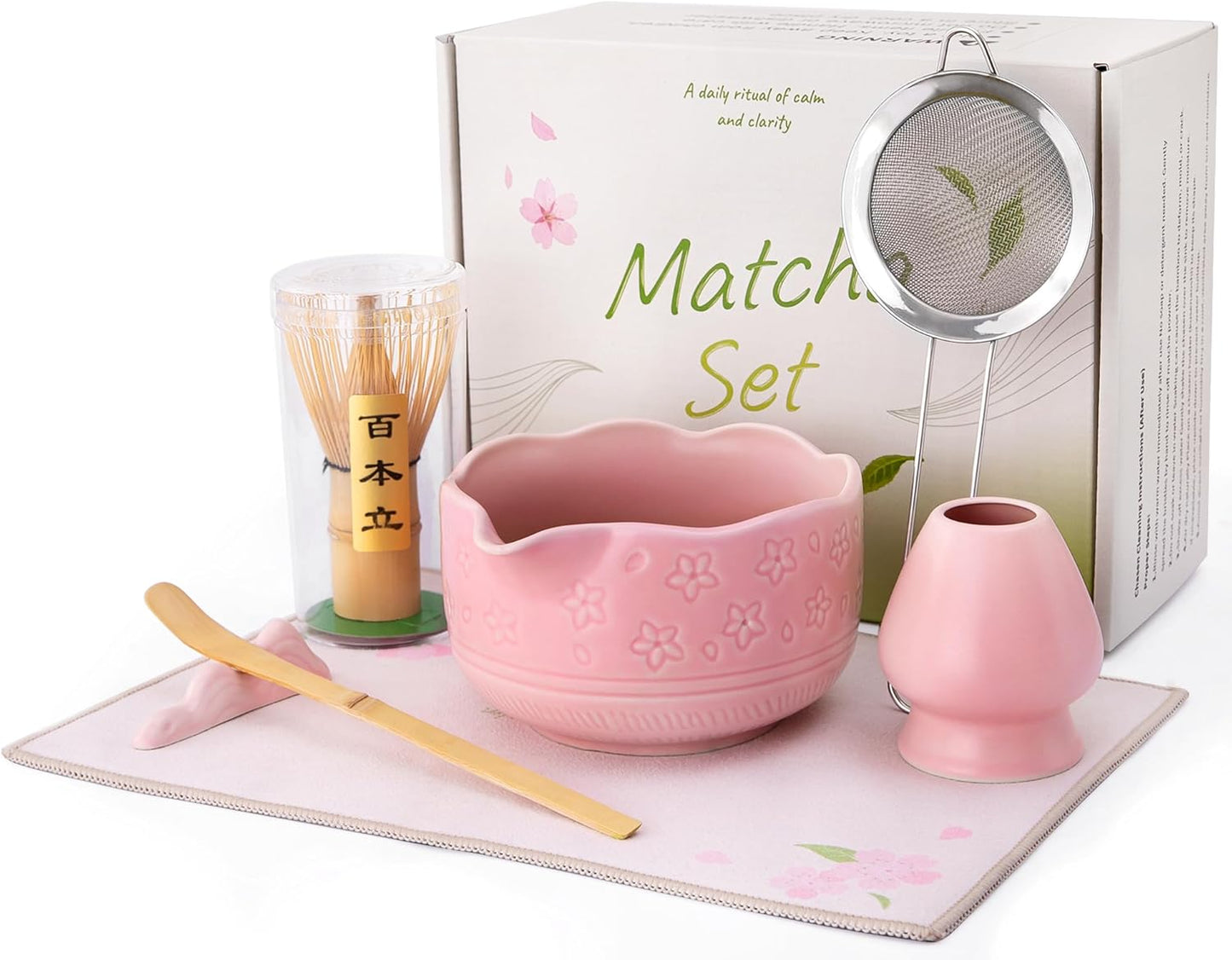 ALBISS Matcha Whisk Set - 7 Pcs Ceramic Matcha Kit with 18oz Spout Bowl & Cherry Blossom Design, Bamboo Whisk & Holder, Scoop, Rest, Sifter, Towel, Elegant Japanese Tea Gift Set for Macha Lover, Green