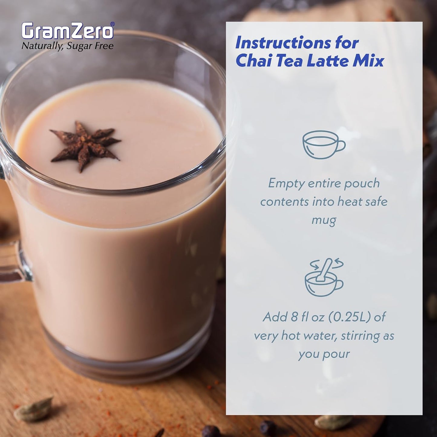 Gramzero Premium Chai Latte Powder Mix | Best Chai Drink Mix | No Sugar Added | Kosher | Stevia Sweetened | 20 Single Serve Packets | Each Packet Makes 8fl Oz Rich and Delicious Instant Chai Tea Latte