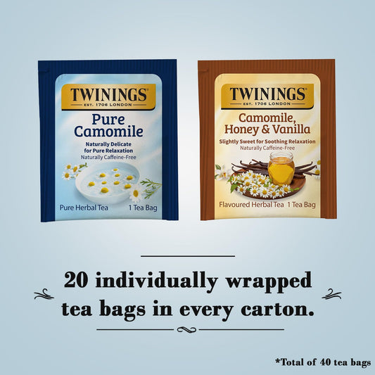 Twinings Camomile Herbal Tea Bag Variety 2-Pack – Pure + Honey & Vanilla Naturally Caffeine-Free Teas, 20 Count Each