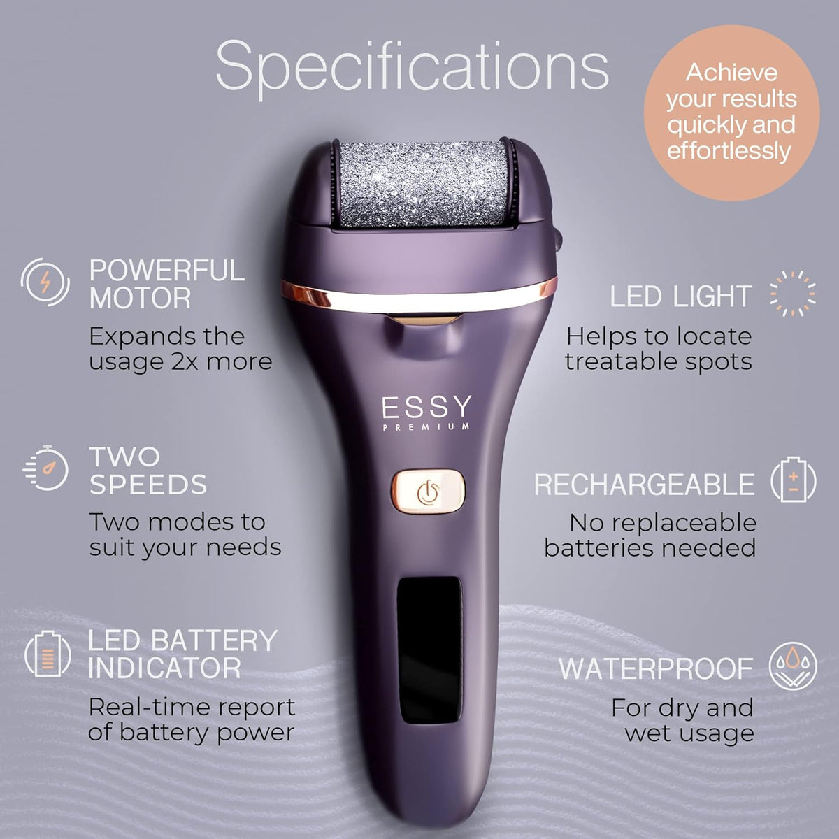 Essy Electric Foot File Hard Skin Remover with 5 Replacement Rollers Foot File Electric Pedicure Sets Cutters Accessories for Dry Dead Hard Skin Feet Callus Remover for Feet Care Exfoliator (Purple)