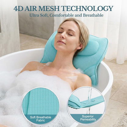 Extra Long Thick Full Body Bath Pillow for Tub with Lumbar Pillow- Luxury 4D Air Mesh Bathtub Pillow with Head, Shoulder & Back Support, Non-Slip Bath Cushion with Suction Cups (Gray)