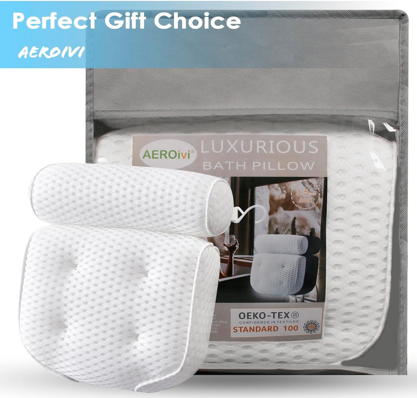 AEROiVi Luxury Bath Pillows for Tub，Bath Pillow Bathtub Pillows for Head and Neck Support Bath Cushion Made from Soft Spacer Mesh Material with Suction Cups,Gray
