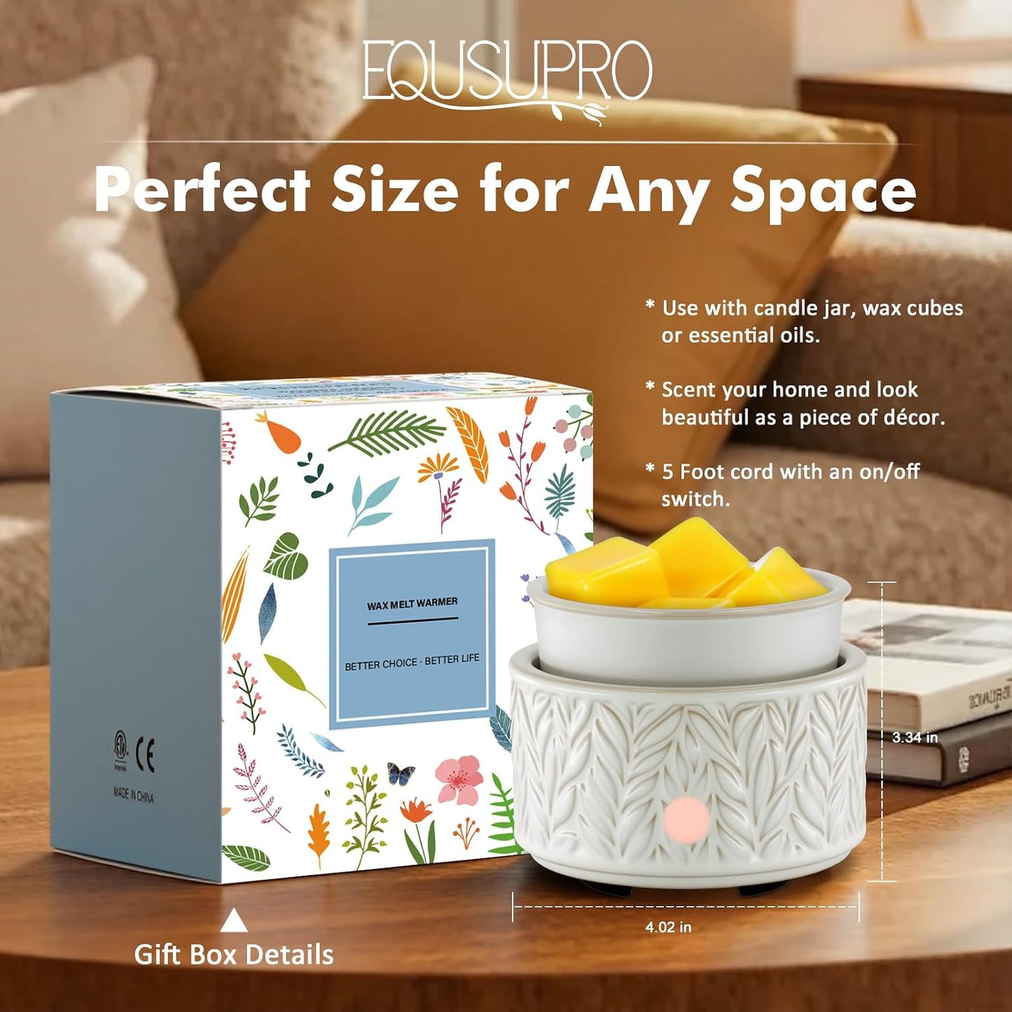 EQUSUPRO Wax Melt Warmer for Scented Wax Melts 3-in-1 Electric Ceramic Candle Wax Warmer Burner Fragrance Wax Melter for Home Office Bedroom Gift & Decor (Leaf)