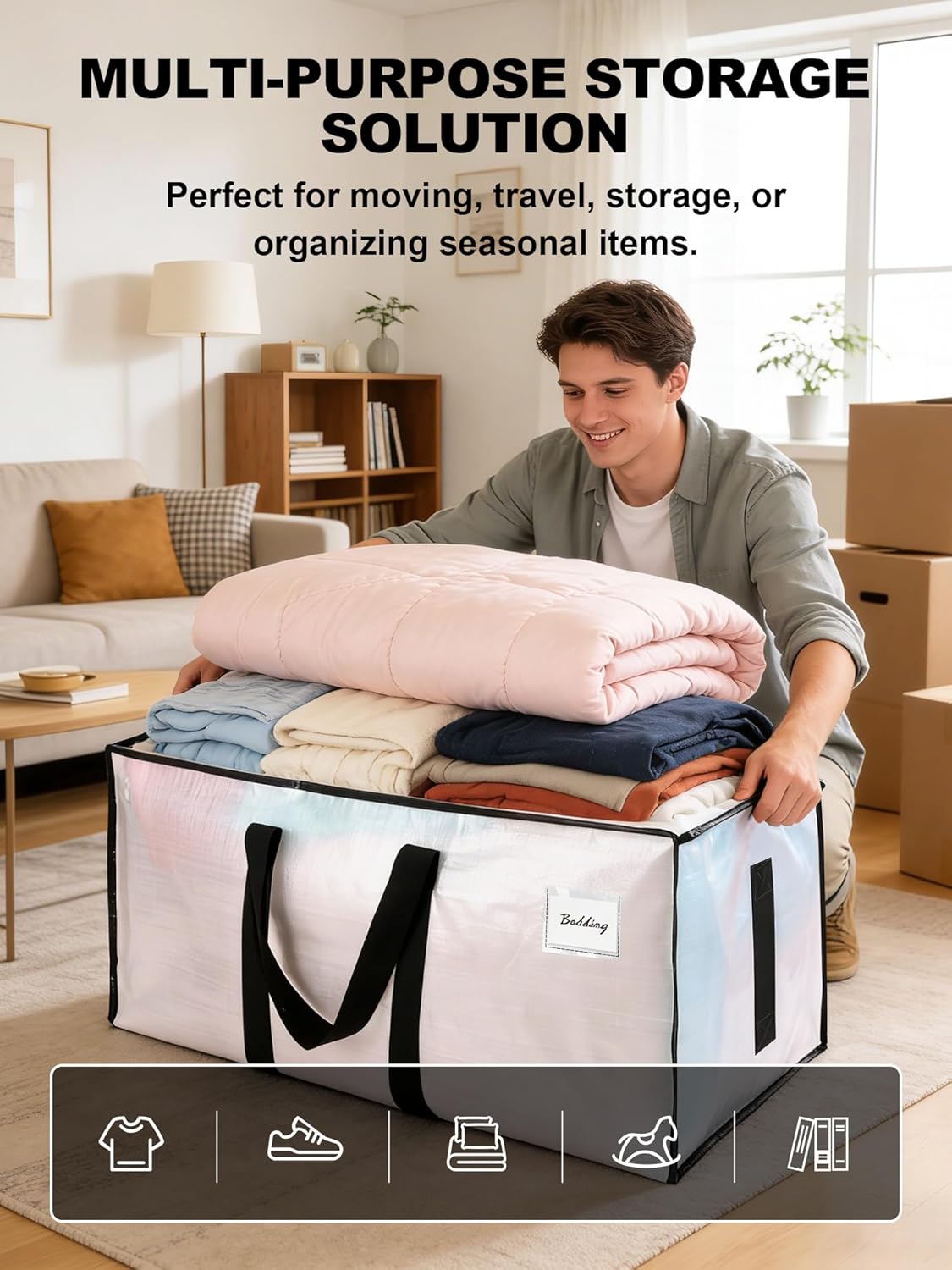 HOMESURE Supports 200lbs Heavy Duty Moving Bags - Strong Zipper & Wrap-Around Handles - Water-Resistant Storage Totes, Durable Alternative to Moving Boxes - - Semi-Transparent