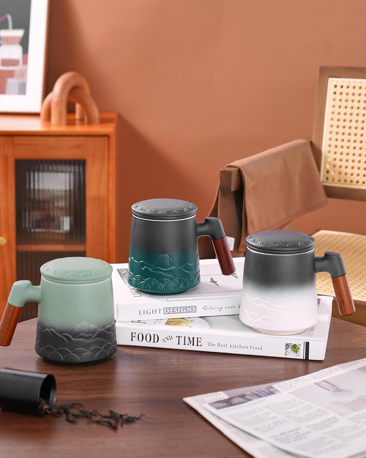 ZENS Embossed Ceramic Tea Mug with Infuser and Lid, 14.5 oz Wooden Handle, Loose Leaf Tea Steeper Cup & Strainer for Tea Lovers Gifts