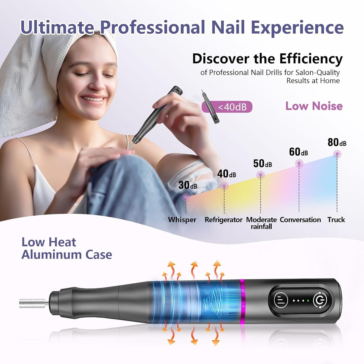 TUOBEO Cordless Nail Drill Electric Nail File Kit, Rechargeable Efile Set, Portable Acrylic Gel Nail Polish Remover Machine, Pedicure Manicure Tool, 11 Bits, 56 Sanding Bands, Salon Home, Purple