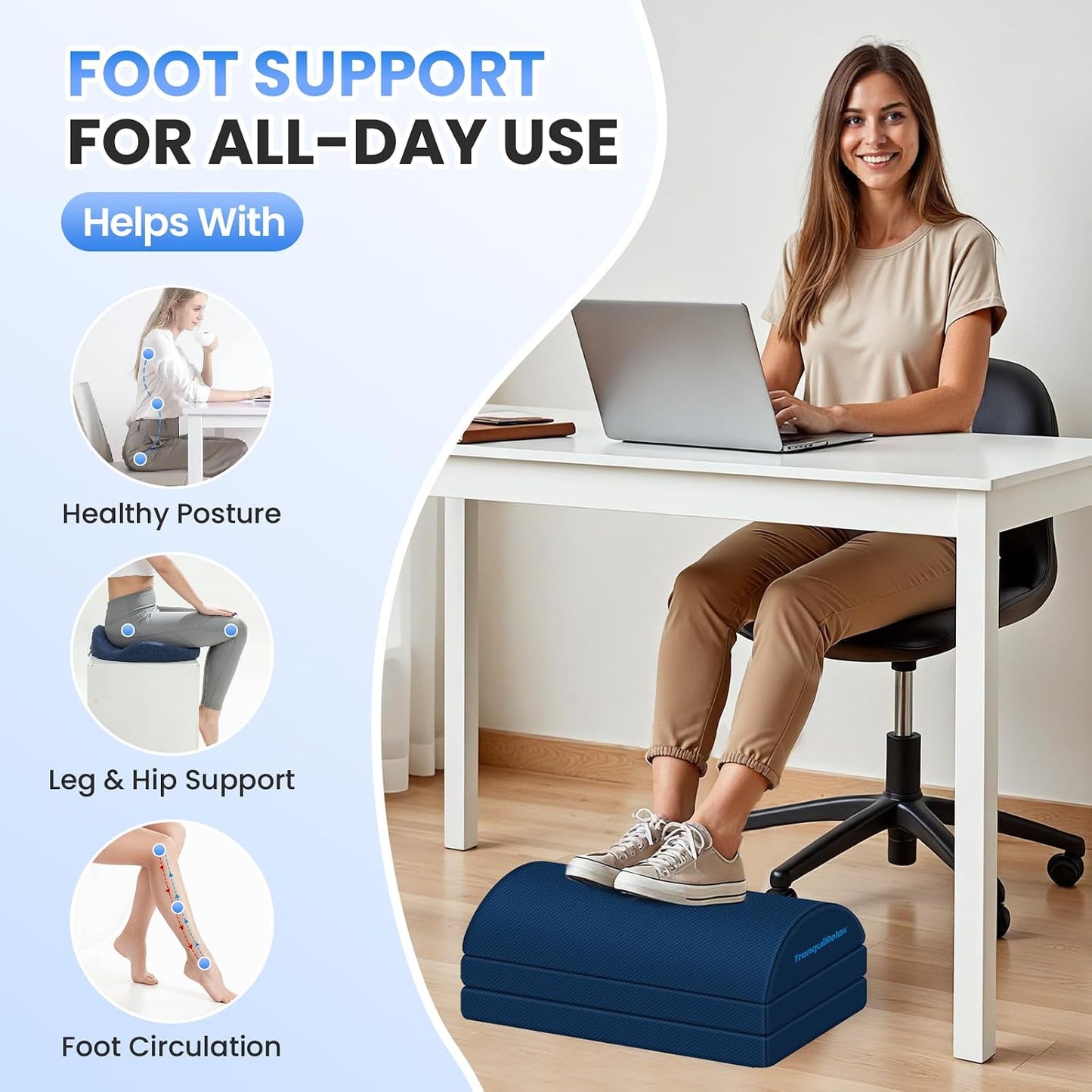 TranquilRelax Foot Rest for Under Desk at Work, Gaming Accessories Foot Stool with 3 Adjustable Heights & Washable Cover, Comfortable Office Desk Accessories, Footrest for Office, Home and Car (Black)