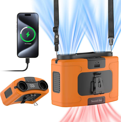 Socool 10000mAh Portable Waist Fan Clip on Wearable Belt Personal Fans Rechargeable Battery Operated, 20H Cooling with 10 Speeds & Dual Motors,Neck Hanging Hands-Free for Outdoor Travel Power Bank