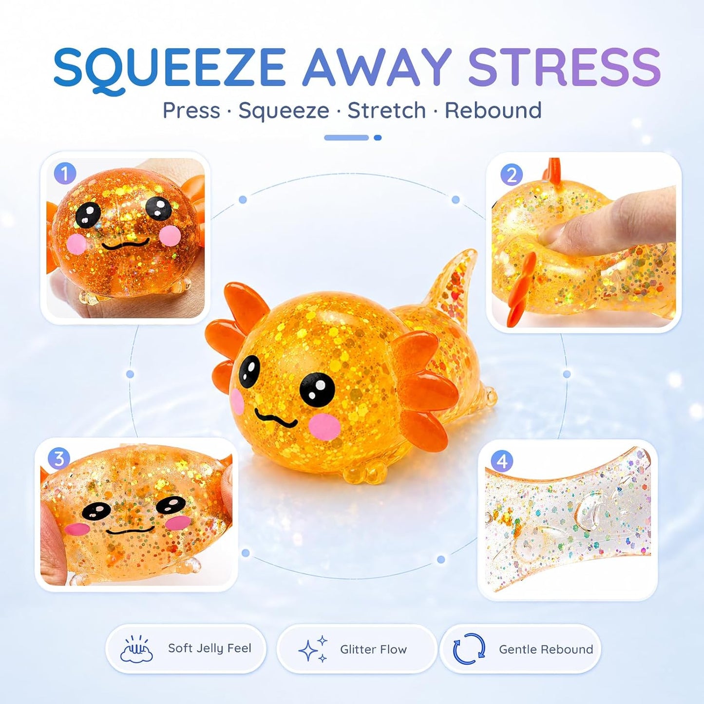 Axolotl Squishy Toy, Cute Glitter Stress Relief Fidget Toy, Soft Squeeze Sensory Toy for Kids Adults, Axolotl Squishy Stress Ball Anxiety Calming Desk Toy Party Favor Handheld Fidget (Yellow)