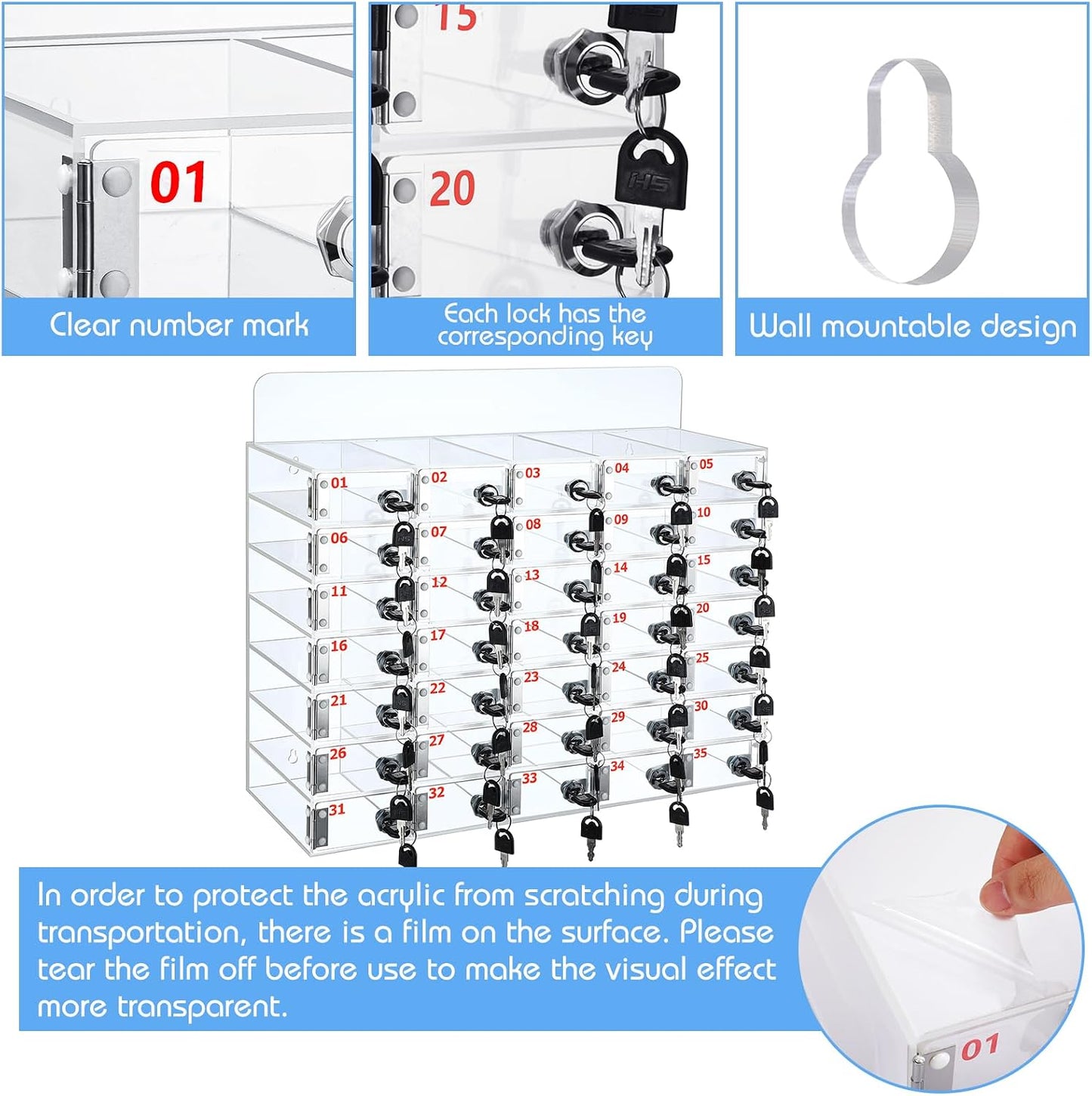 Threan 12 Slot Cell Phone Storage Box, Acrylic Clear Cell Phone Storage Cabinet Wall Mounted with Door, Locks and Keys for Office School Factory