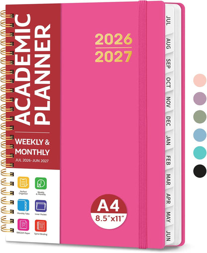 Planner 2026-2027 for Women & Men, Academic Monthly and Weekly Calendar Planner, Jul 2026 - Jun 2027, A5 (6.3" x 8.5"), Teacher Student Planning Book with Tabs, Ideal for Office School Supplies - Pink