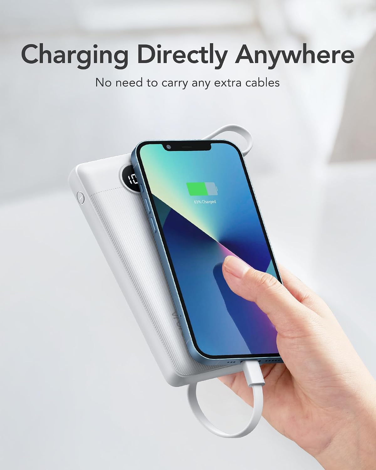 VRURC Portable Charger, Slim Power Bank Built-in 4 Cables, Travel Essential