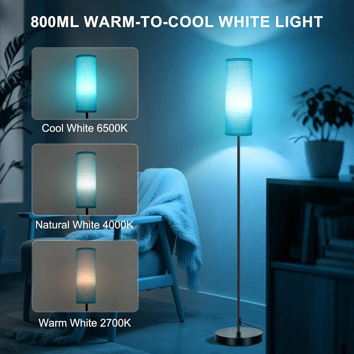 FRIDEKO HOME Floor Lamp, 9W 800LM Color Changing Smart Bulb, Beige Shade