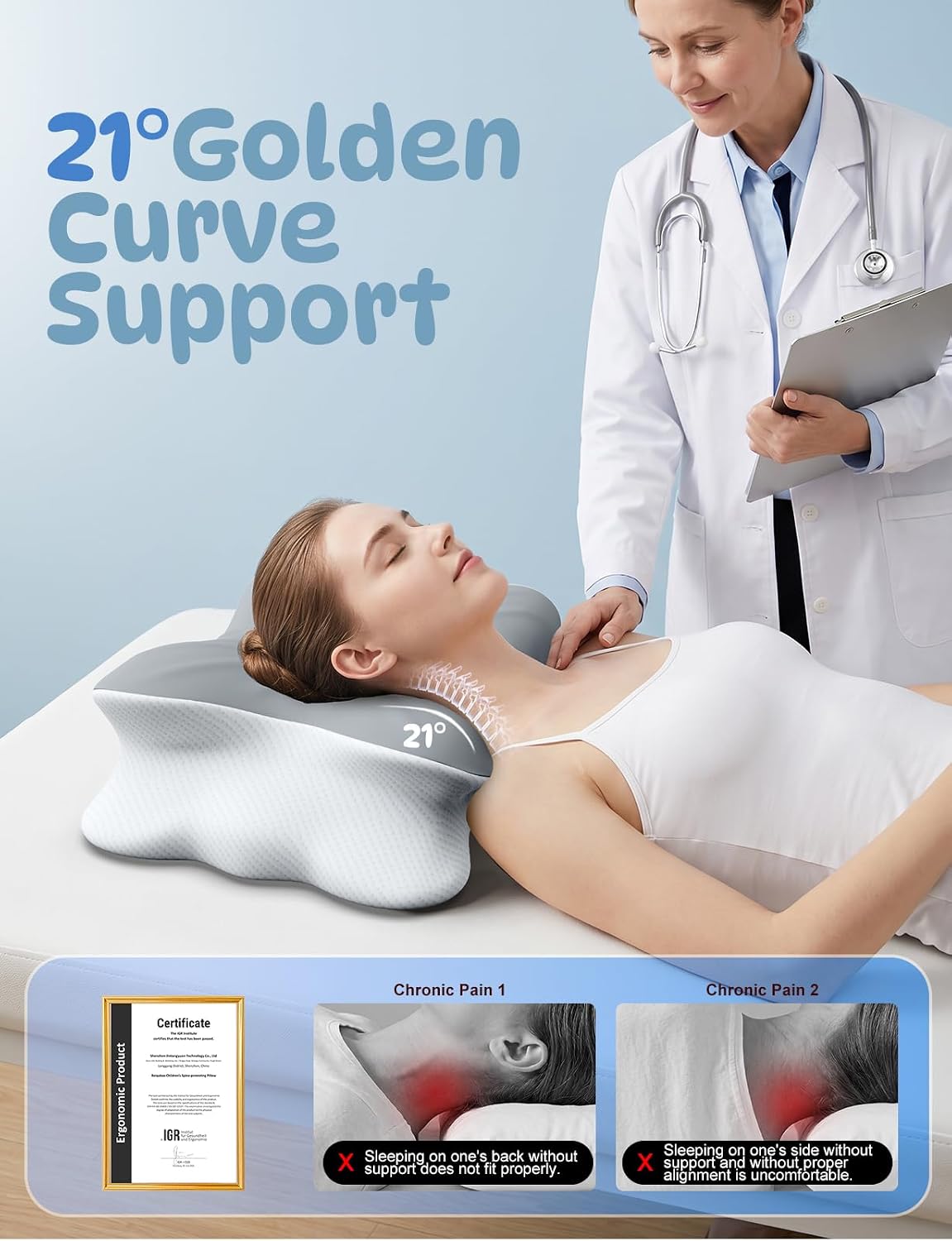 Cooling Cervical Neck Pillow for Pain Relief, Ergonomic Mellow Sleep Pillow for Neck Support | Adjustable | Memory Foam | Odorless Orthopedic Bed Pillow for Side Back Stomach Sleepers - Gift for Mom