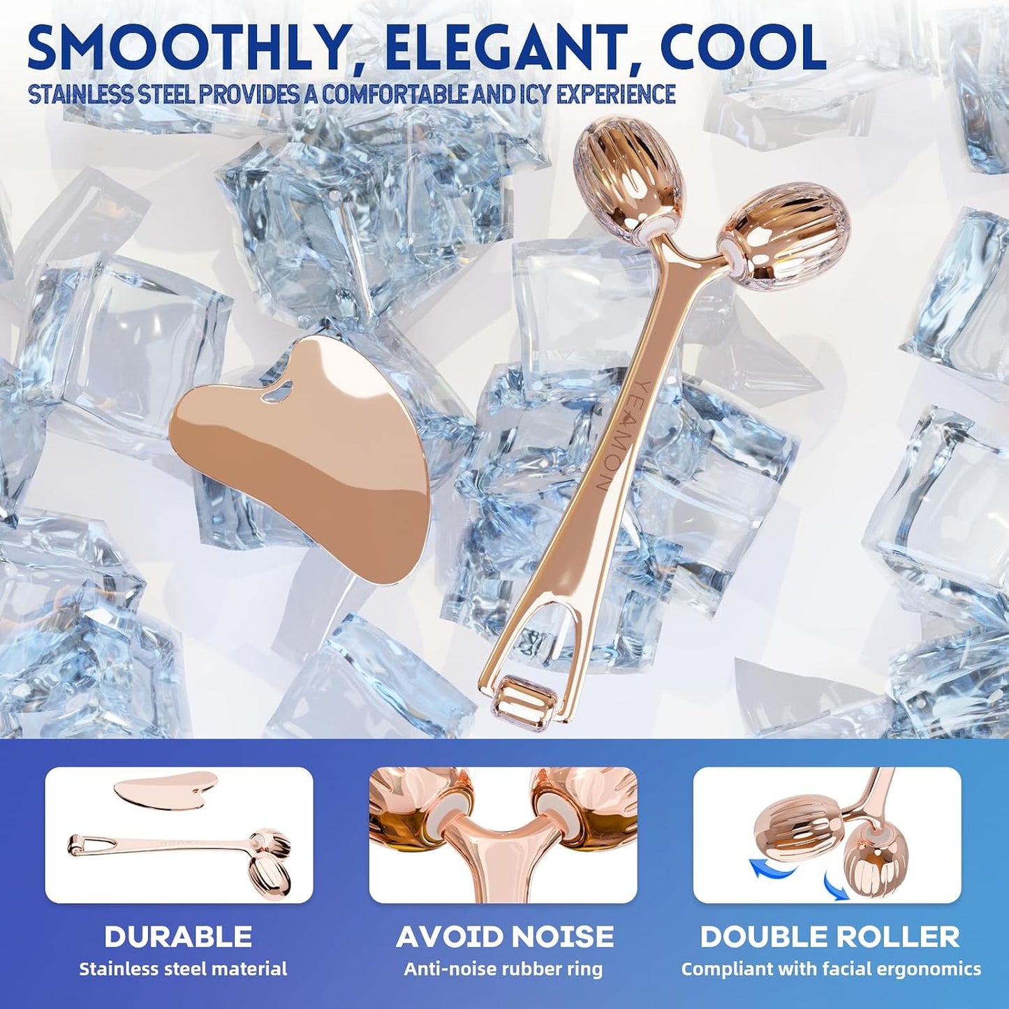 Yeamon Gua Sha Facial Tools and Face Roller Set, Facial Massage Tool for Women’s Skincare Routine,Cooling Stainless Steel Face Sculpting Eyes Roller Guasha for Daily Use or Self-Care Gift for Women