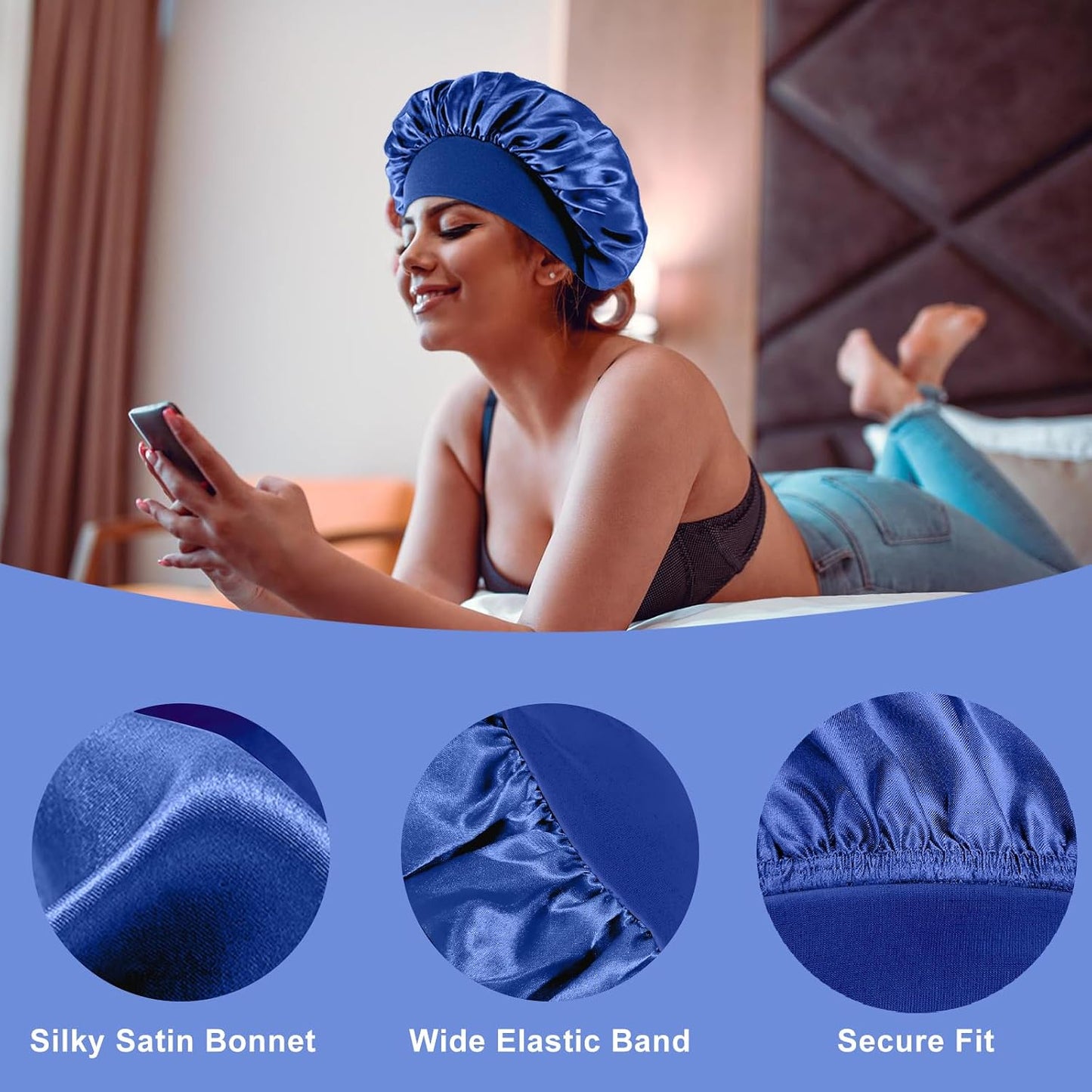 4PCS Silk Satin Bonnets for Black Women & Men - Elastic Wide Band Hair Wrap Cap for Curly Hair - Shower Cap for Sleeping (Black, Peacock Blue, Pink, Khaki)