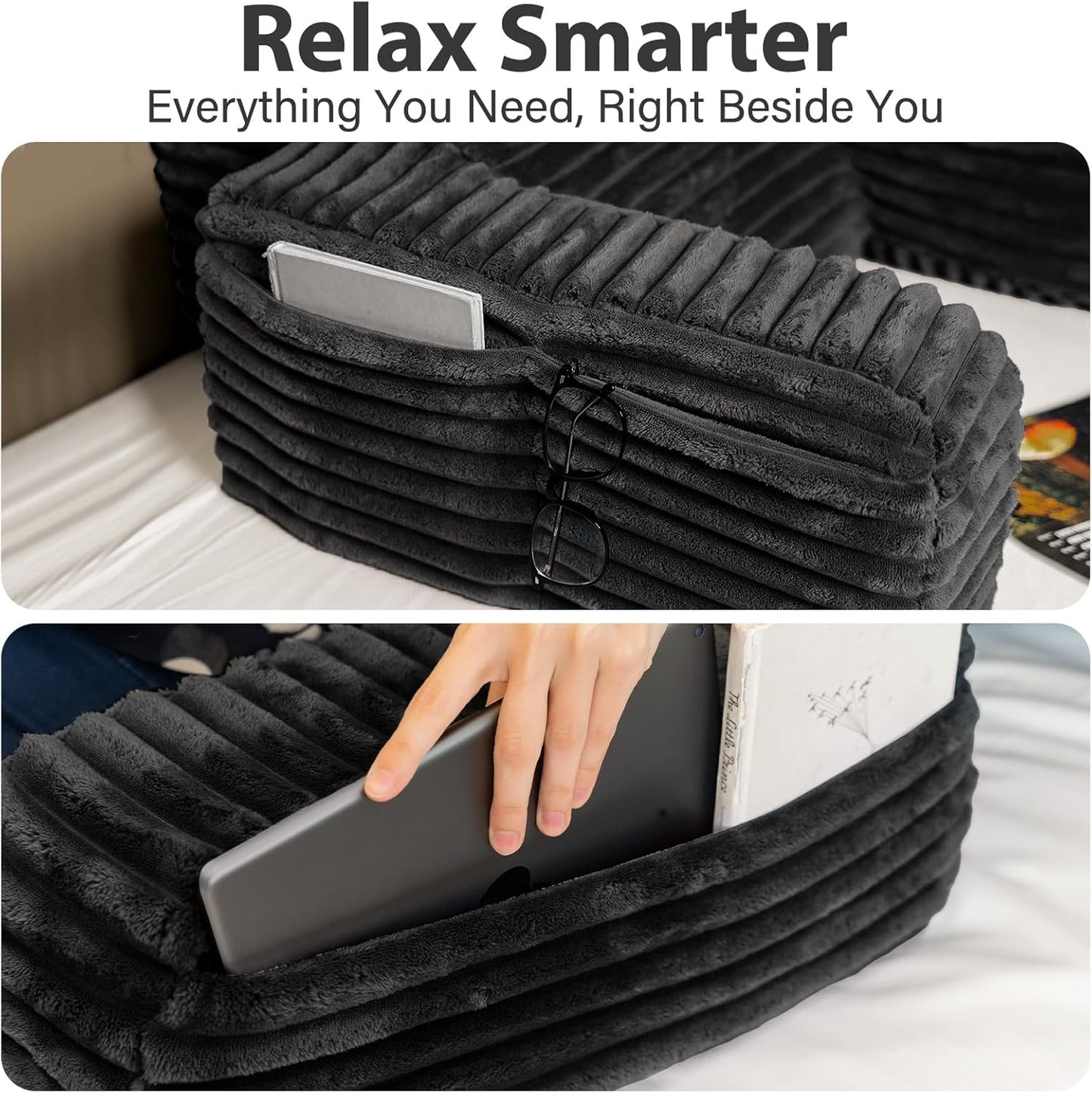 ENITYA 22" XL Back Pillow for Bed Sitting Up, Reading Pillow with Armrests & Big Pockets, Soft Back Support Chair, Ideal for Watching TV, Gaming, Nursing, Resting, Post Surgery, Dark Grey