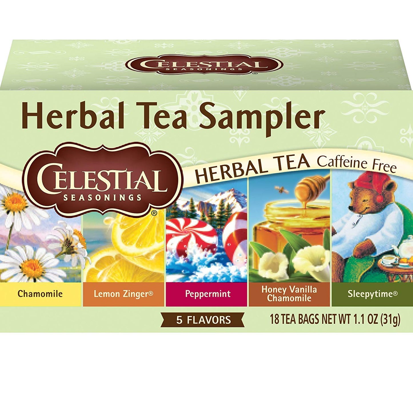 Celestial Seasonings Herbal Tea Sampler Variety Pack, Caffeine Free, 18 Tea Bags Box