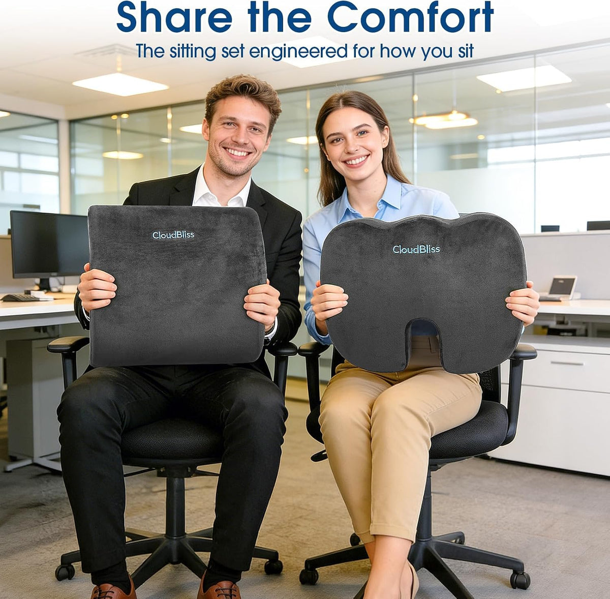CloudBliss Ergonomic Seat Cushion & Lumbar Support Pillow Set, Black,Large