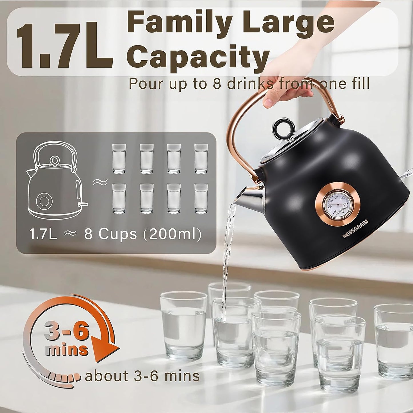 Retro Electric Kettle, 1.7L Stainless Steel Tea Kettle with Large Temperature Gauge, 1500W Fast Heating Hot Water Boiler with LED Indicator, Auto Shut-off & Boil-Dry Protection-Reteo Black