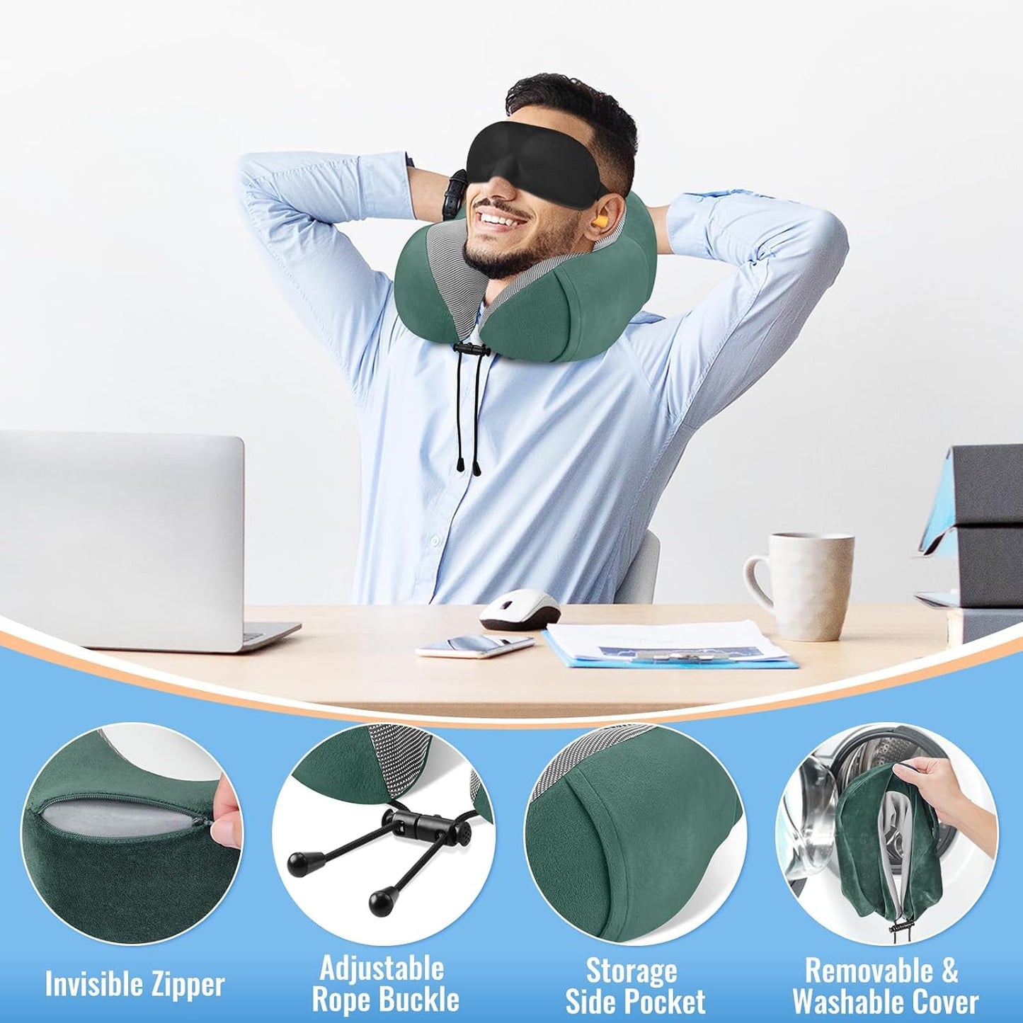 CloudBliss Travel Pillow for Airplane, Memory Foam Neck Pillow for Travel, Compact Flight Pillow with Eye Mask, Earplugs, Carry Bag, Travel Neck Pillow for Long Flight Sleep, Plane Accessories, Black