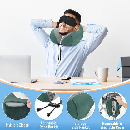 CloudBliss Travel Pillow for Airplane, Memory Foam Neck Pillow for Travel, Compact Flight Pillow with Eye Mask, Earplugs, Carry Bag, Travel Neck Pillow for Long Flight Sleep, Plane Accessories, Black