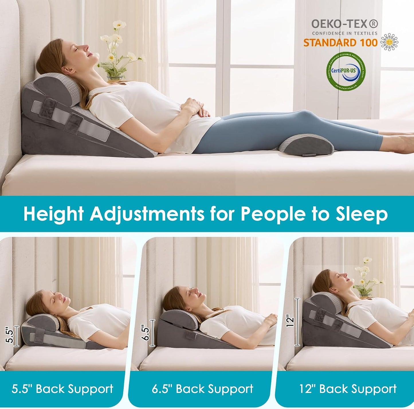 3Pcs Wedge Pillow Set for After Surgery,Acid Reflux Relief, Adjustable Bed Wedge Pillows for Sleeping,Anti Snore, Memory Foam Triangle Pillow for Back&Neck&Shoulder Pain Relief, White&Grey