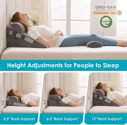 3Pcs Wedge Pillow Set for After Surgery,Acid Reflux Relief, Adjustable Bed Wedge Pillows for Sleeping,Anti Snore, Memory Foam Triangle Pillow for Back&Neck&Shoulder Pain Relief, White&Grey