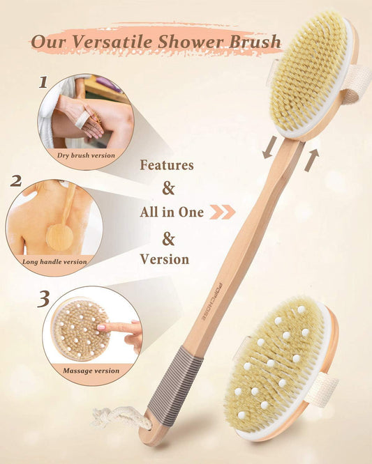 POPCHOSE Dry Brushing Body Brush, Back Scrubber for Shower Dual Heads