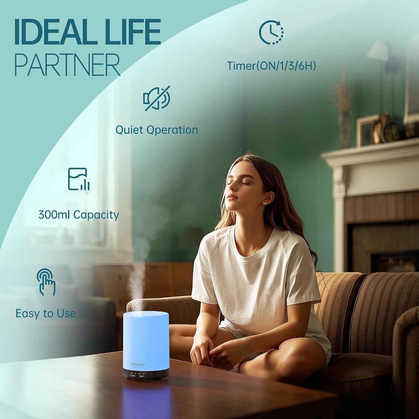 ASAKUKI Essential Oil Diffuser for Home 300 ml Quiet | Automatic Shut-Off, Aromatherapy Diffuser, 7 LED Lights for Living Room, Kitchen, Bedroom, Hotel - Light Brown
