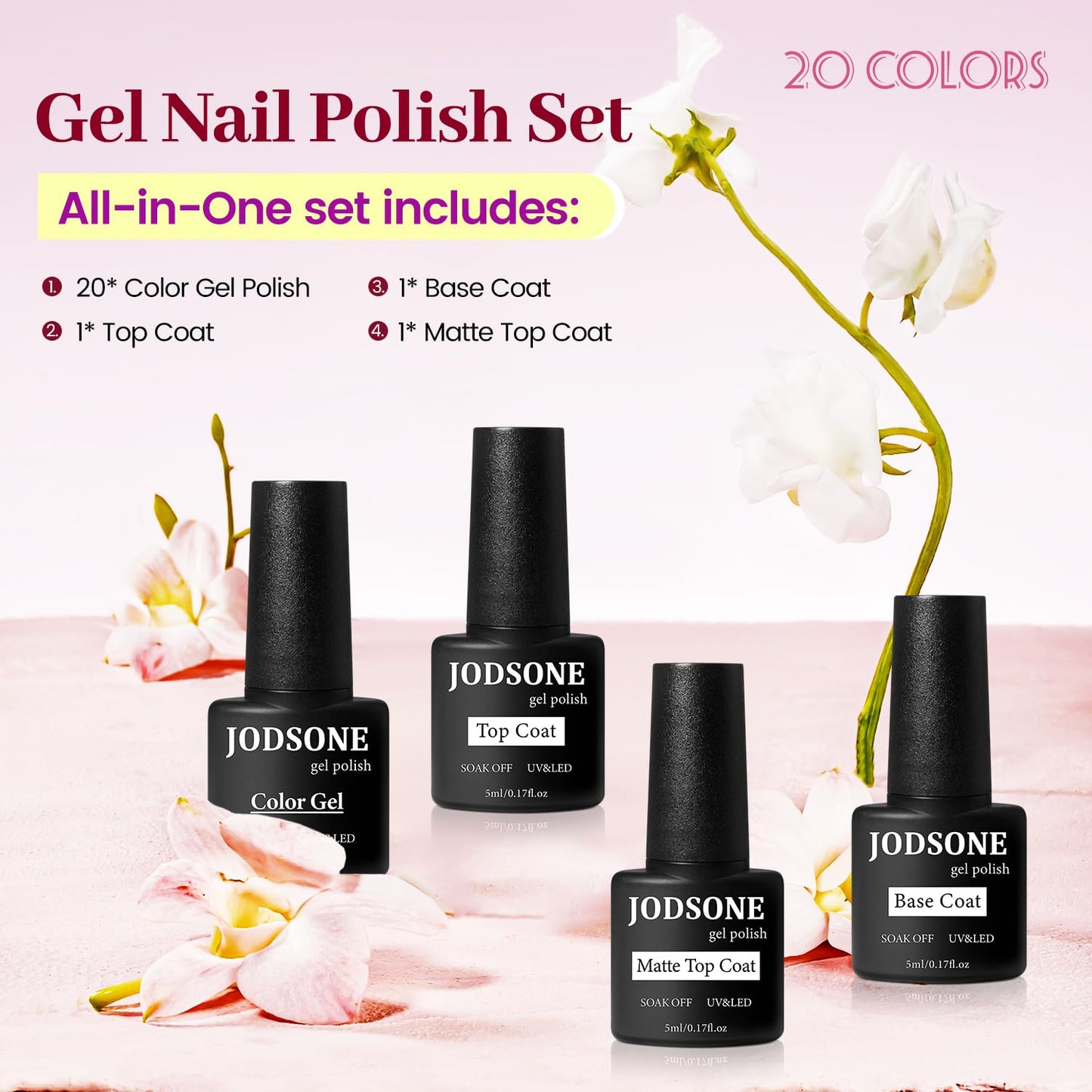 JODSONE Gel Nail Polish Kit 60 PCS with U V Light Soak off Base Top Coat 55 Shine Colors Gel Nail Kit Bright and Dark Brown Wine Red Series Manicure Set for Women and Girls