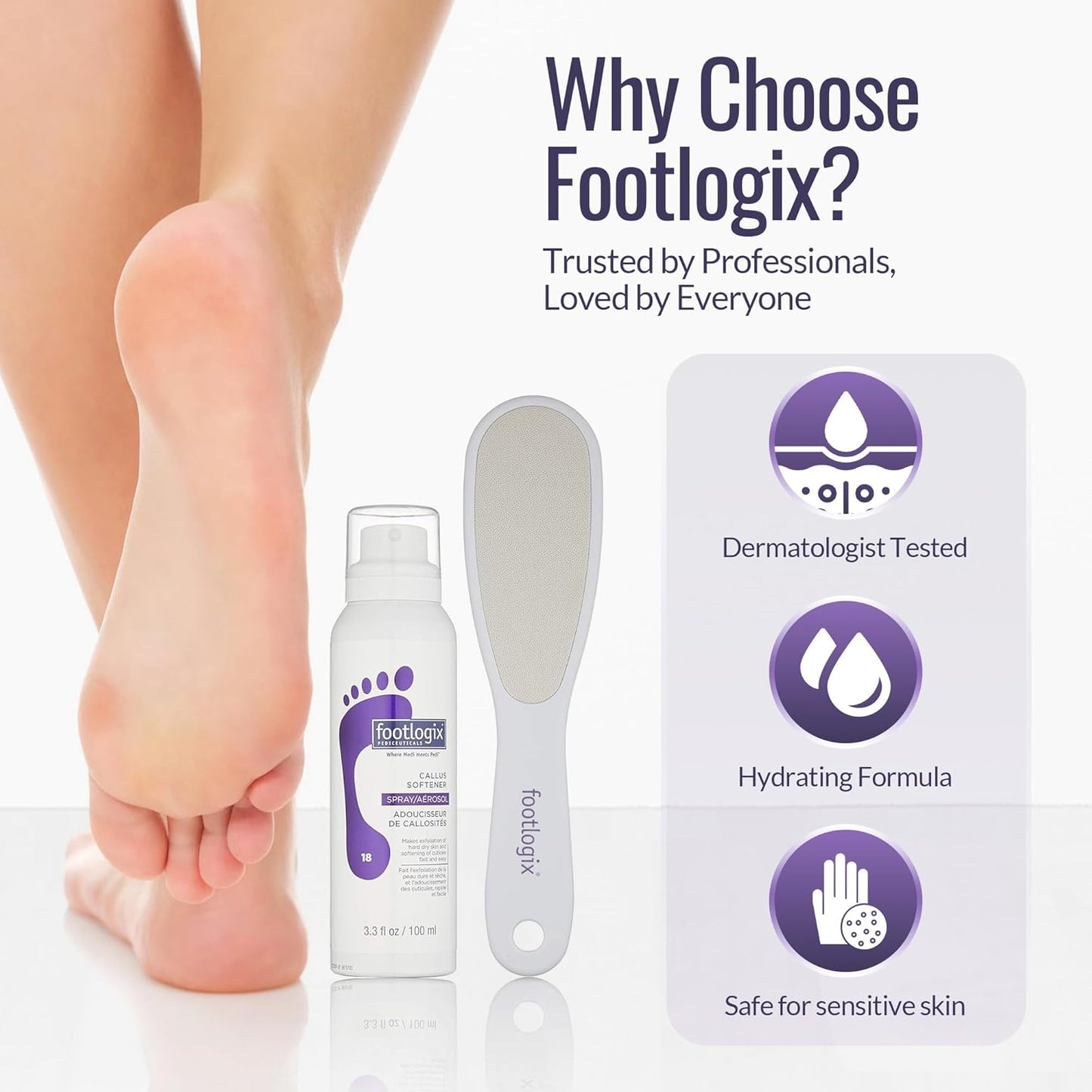 Footlogix Foot Care Callus Softener Combo - Callus Remover Spray & Double-Sided Foot File for Dry, Cracked Heels, Pedicure Tools for Feet, Foot Exfoliator