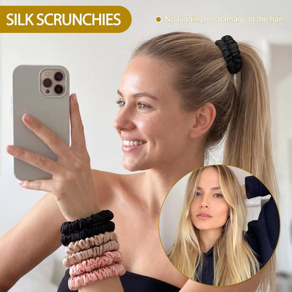 6Pcs Silk Hair Ties 100% Pure Mulberry Silk Scrunchies for Women Girls | No Hair Crease, Anti Frizz, Gentle Hold, No Damage, Black Brown Pink