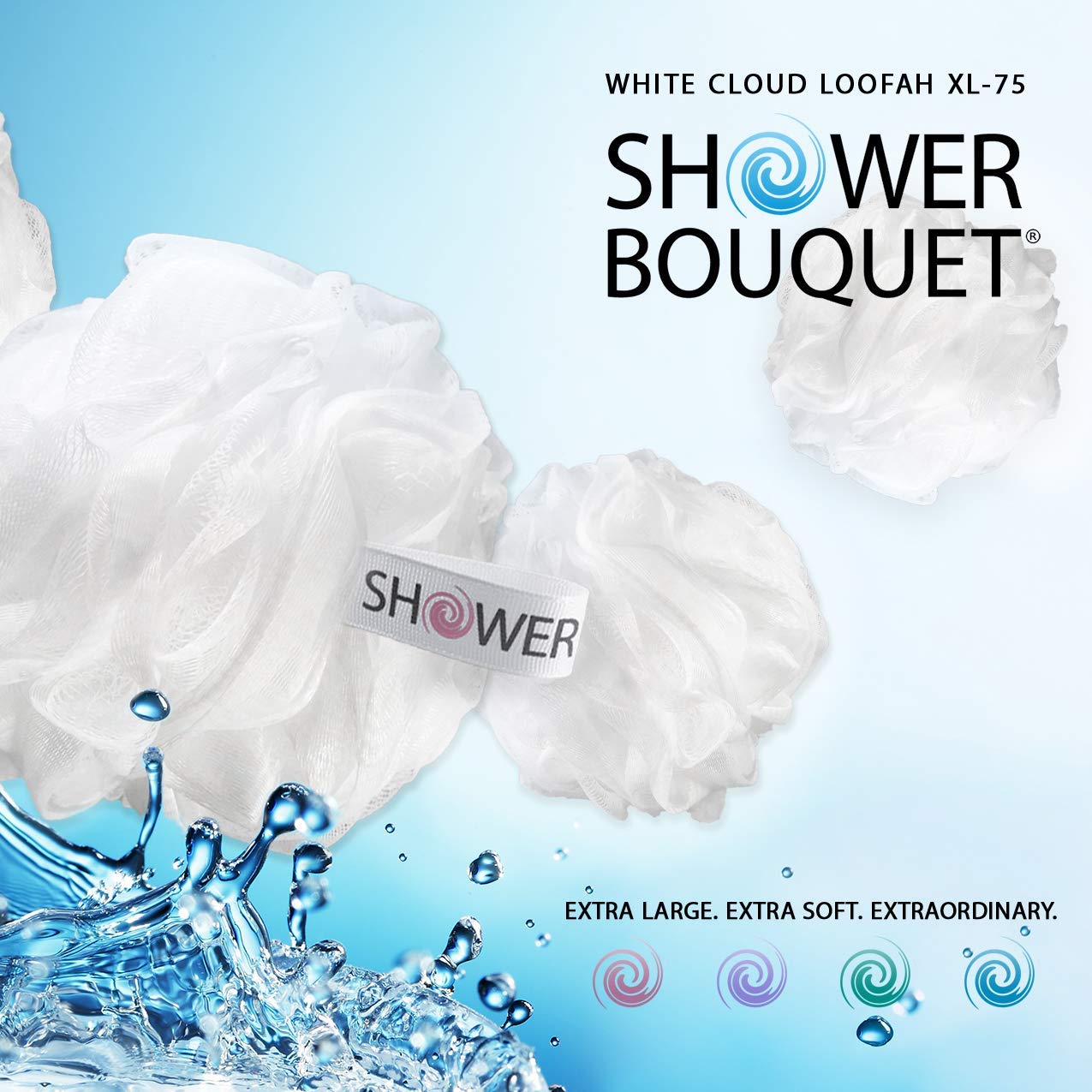 SHOWER BOUQUET Loofah-Charcoal Bath-Sponge XL-Color-4-Pack // Extra Large 75g Soft Mesh Black Luffa Loofa Loufa Puff Set/Exfoliating Body Scrubber for Women and Men - Exfoliate & Soothe Face & Body