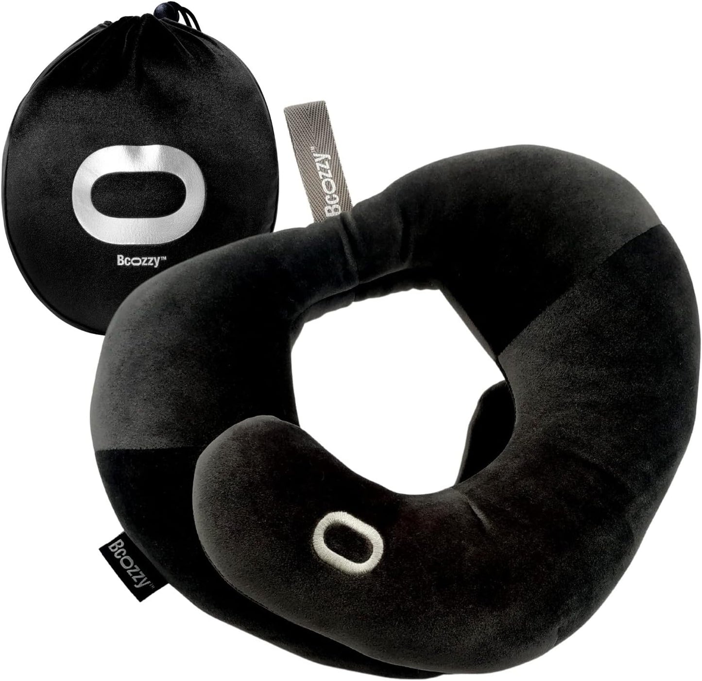 BCOZZY Travel Neck Pillow for Airplane – Patented Double Support for Head, Neck, and Chin. Best for Long Flights, Plane Sleeping, and Car Rides. Adjustable Size. Fully Washable. Carry Bag. Large, Gray