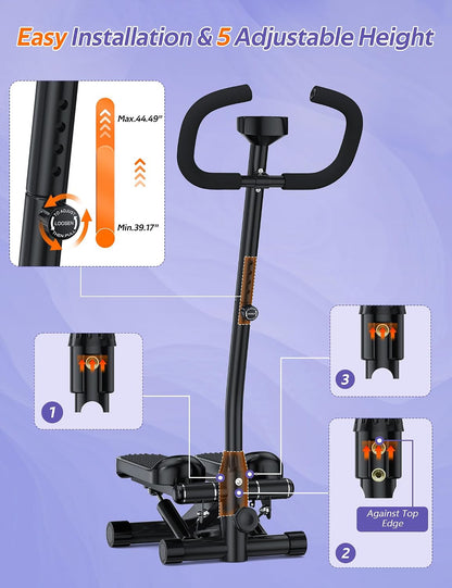 Amicus Mini Stepper with Handlebar for Exercise, Stair Stepper with Resistance Band, Hydraulic Fitness Stepper Machine for Home, 330lbs Weight Capacity