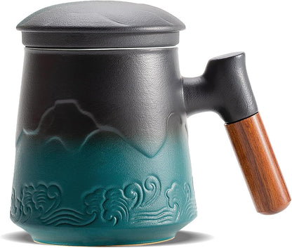 ZENS Embossed Ceramic Tea Mug with Infuser and Lid, 14.5 oz Wooden Handle, Loose Leaf Tea Steeper Cup & Strainer for Tea Lovers Gifts