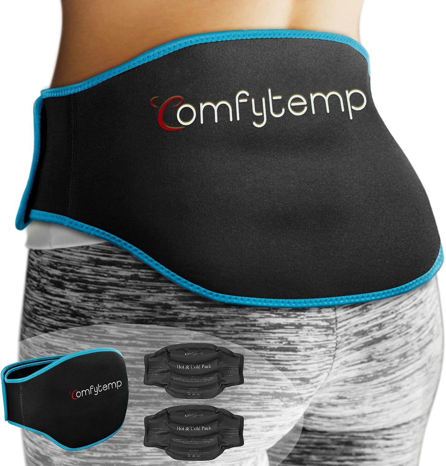 Comfytemp Ice Pack for Back Pain Relief, 2 Pcs, Sciatica Ease Brace, Reusable Gel Lower Back Ice Wrap for Injuries, Hot Cold Compress for Lower Lumbar, Waist, Men Women After Surgery (Blue)