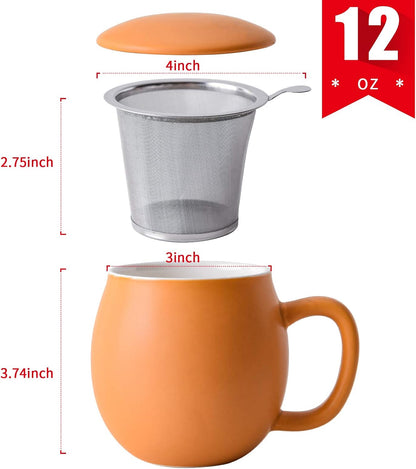 Yundu 12 OZ Matte Green Ceramics Teacup with Infuser and Lid, Mug with Lid for Steeping - Stainless Steel Infuser for Loose Leaf Tea, Home Office Gift for Tea Lovers