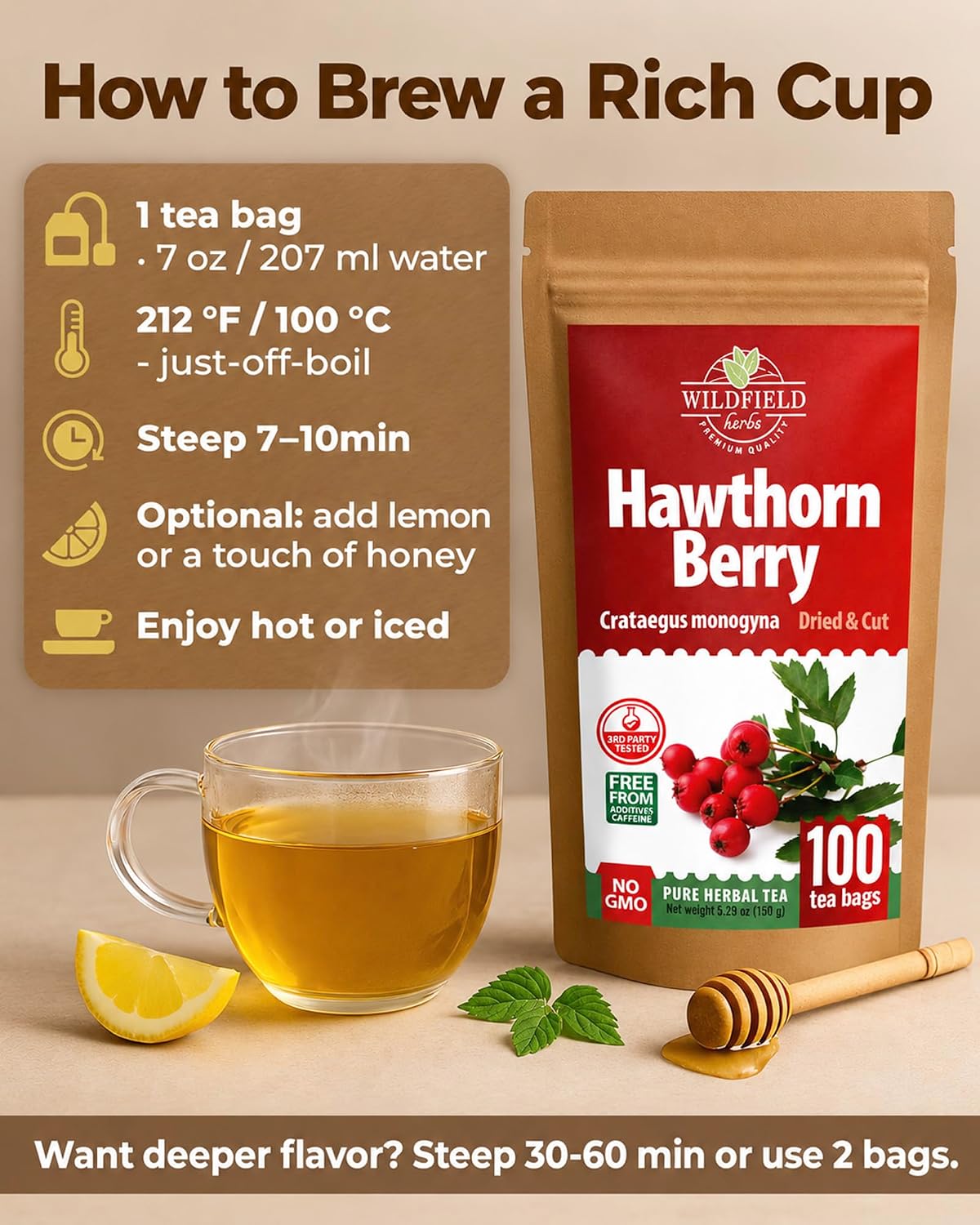100 Bags Hawthorn Berry Herbal Tea (Crataegi fructus) – 100 Tea Bags 1.5g Hawthorn Fruit Espino Blanco