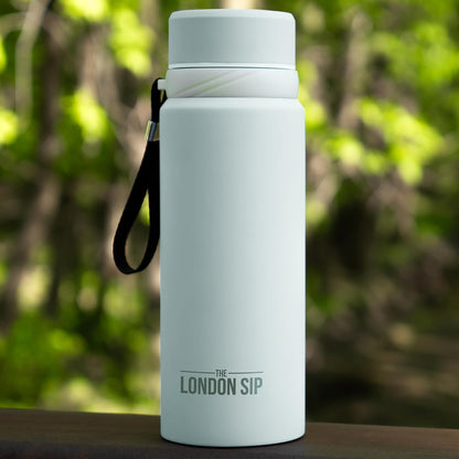London Sip 25 oz Multi-Function Travel Mug and Tumbler Tea Infuser Water Bottle Fruit Infuser Flask Hot and Cold Double Wall Stainless Steel Coffee Thermos, Zen Black