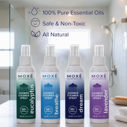MOXĒ Eucalyptus Oil Shower Mist, Spa Steam Spray, Certified Natural 100% Essential Oils, Made in USA, Aromatherapy, Sinus Congestion Relief, Tension Relief, 4 Ounces