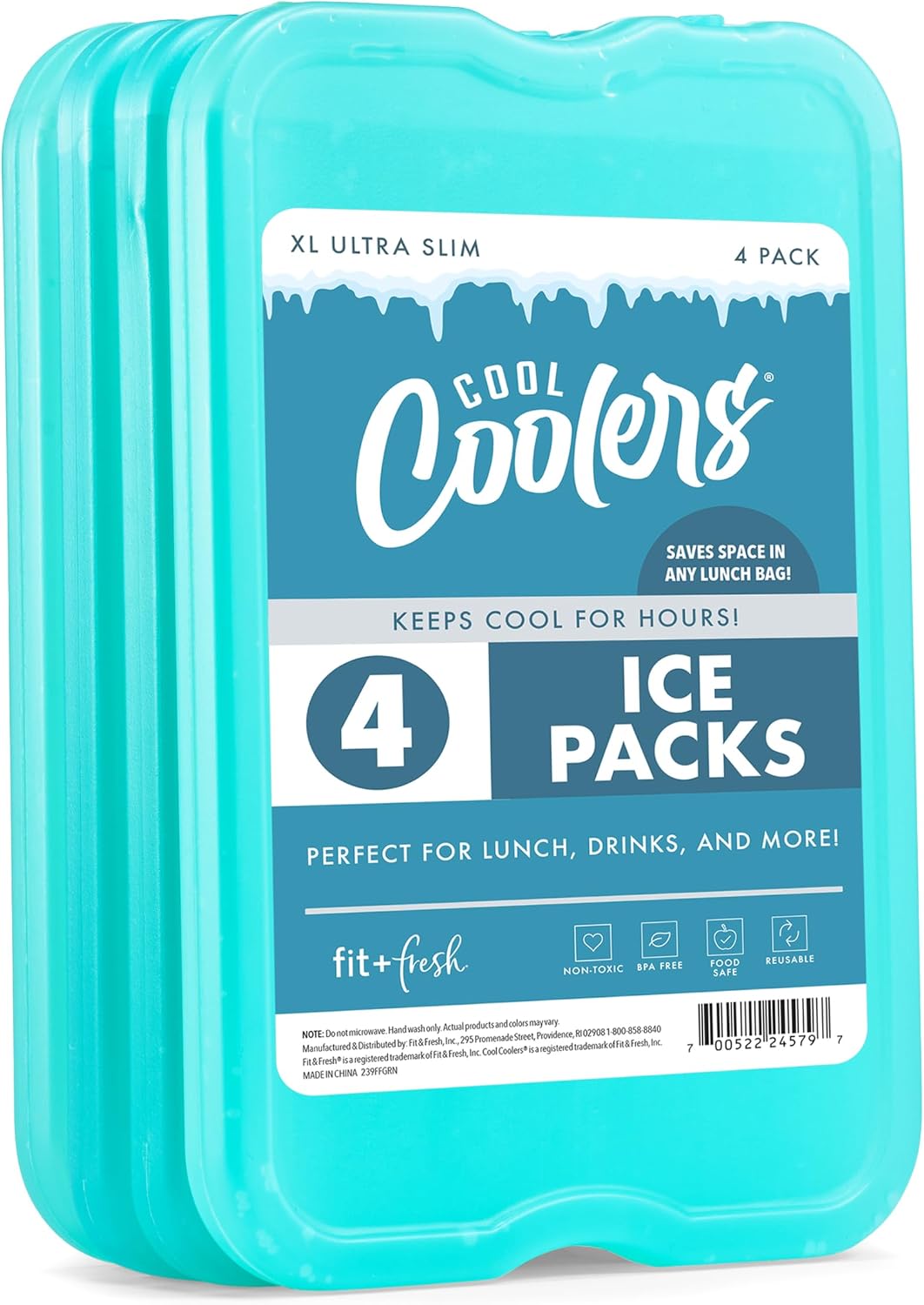 Cool Coolers by Fit & Fresh 4 Pack XL Slim Ice Packs, Quick Freeze Space Saving Reusable Ice Packs for Lunch Boxes or Coolers