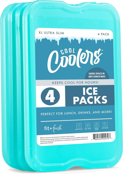 Cool Coolers by Fit & Fresh 4 Pack XL Slim Ice Packs, Quick Freeze Space Saving Reusable Ice Packs for Lunch Boxes or Coolers